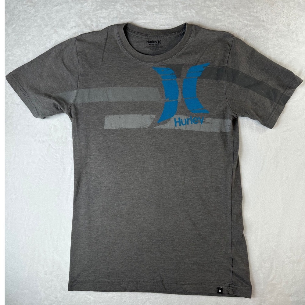 Hurley Boys XL 18/20 Gray Heather Graphic T-Shirt Blue Surf Tee Short Sleeve